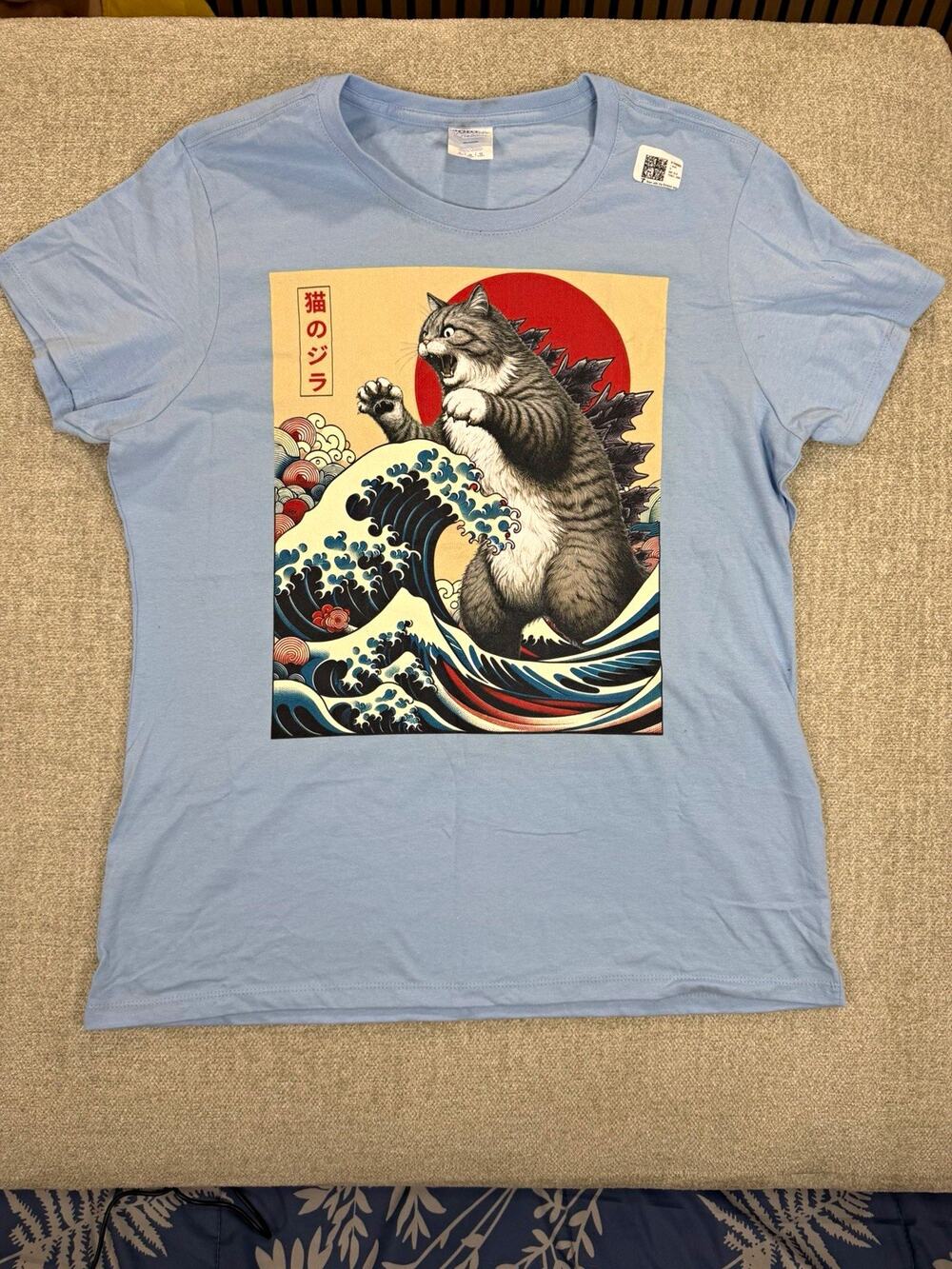 Port & Company Fan Favorite women's L Blue Cotton Crew Neck Cat Godzilla Tee